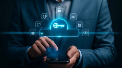 Fototapete - Cybersecurity and data protection for businessman using smartphone with digital lock icons, secure login interface, privacy, internet safety, technology, and encryption concepts for online security