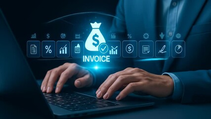 Poster - Invoice Finance Business Payment Accounting Technology Digital Money Management Office Professional Hands Typing Laptop with Glowing Invoice Icon, Modern Financial Management, Online Payment