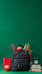Poster - Black backpack full of colorful pencils and pens with red apple on top, alarm clock, books and apples on green background representing back to school concept