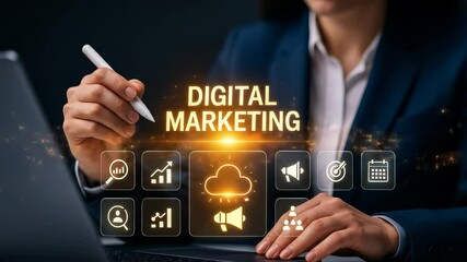 Aufkleber - Digital marketing business strategy and technology for online advertising, social media, cloud computing, analytics, and innovation with professional planning and modern communication concepts