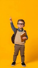 Aufkleber - Smart young pupil wearing glasses and a backpack, holding a book and raising a hand to answer the teacher's question, exuding enthusiasm and curiosity against a vibrant yellow background