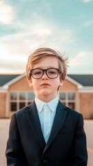 Poster - Portrait of a confident young pupil wearing a suit and glasses, standing in front of a school building, representing themes of education, ambition, and back to school