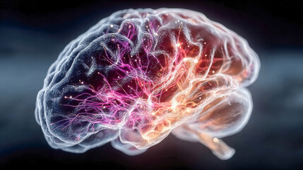 Fototapete - A vibrant digital rendering of a glowing neural brain structure with electric pulses and transparent textures, symbolizing intelligence and cognition