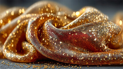 Poster - Golden silk fabric with glittering highlights, creating a luxurious and vibrant texture adorned with sparkling reflections