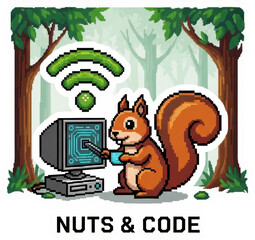 Poster - Cartoon squirrel using a computer in a forest with a wifi symbol rendered in pixel art style