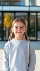 Poster - Portrait of a smiling elementary school student standing outside a modern school building, eagerly anticipating another day filled with learning, growth, and joyful experiences