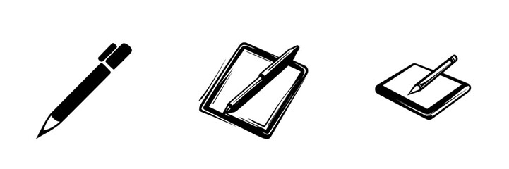 Poster - Stylized black icons of a pencil, notepad, and stylus for digital writing activities