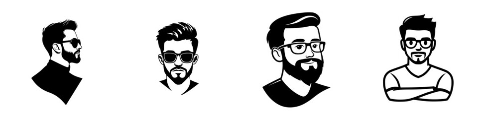 Poster - Set of four distinct black icons representing stylish male characters with different hairstyles and accessories