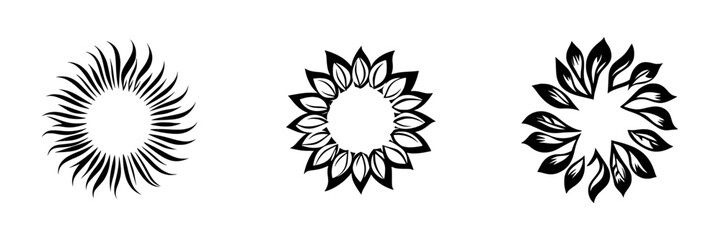 Poster - Set of three black icons featuring floral and sunburst designs for use in various graphic applications