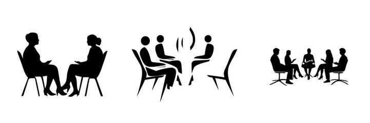 Poster - Various silhouettes of black icons depicting people in conversation and group discussions in different settings