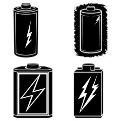 Poster - Four black and white battery illustrations with lightning bolt designs in a vector graphic format image