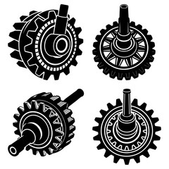 Poster - Illustration showing four gears with shafts in black and white isometric views on a white background