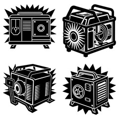 Poster - Four black and white illustrations of generators with different designs and shapes on a white background