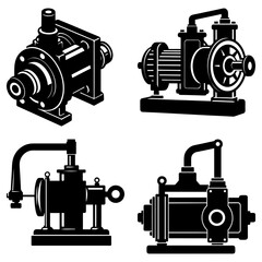 Poster - Illustration showing four different styles of industrial pumps in black silhouette on a white background