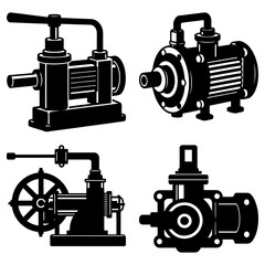 Poster - Illustration showing four different industrial pumps with various mechanisms in black and white style