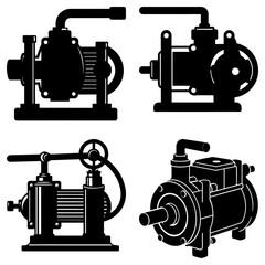 Poster - Illustration showing four different styles of vintage water pumps in black silhouette on white background