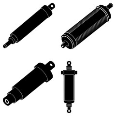 Poster - Four black hydraulic cylinders with mounting holes in various orientations on a white background