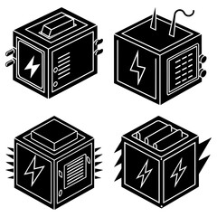 Poster - Isometric view of four black electrical boxes with lightning bolt signs and various features design