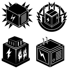 Poster - Isometric illustrations of electrical boxes with lightning bolts in black and white graphic designs 100c