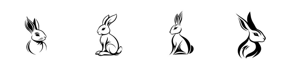 Poster - Black icons of rabbits displaying various poses and styles in minimalist design