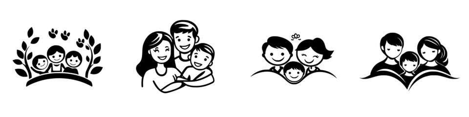Poster - Set of black icons representing family, love, and togetherness with various poses and expressions