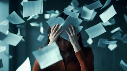Aufkleber - Businesswoman is holding documents over her head, protecting herself from the chaos of falling paperwork in a stressful office environment, symbolizing information overload and deadline pressure