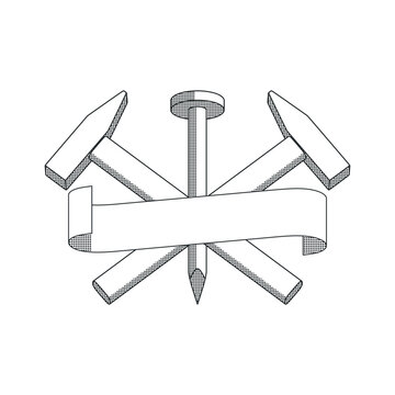 Crossed hammers, nail and tape. Black and white illustration. Vector graphics.