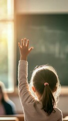 Poster - Elementary school student raising hand to answer teacher's question in sunlit classroom, demonstrating active participation and eagerness to learn