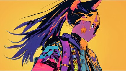 Poster - Vibrant character illustration, stylish figure with colorful hair, bold fashion choices, perfect for creative projects.
