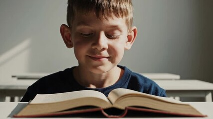 Aufkleber - Happy pupil is sitting at a desk in a classroom and reading a book, he smiles and looks at the pages of the book, sunlight illuminates part of the classroom and the desk