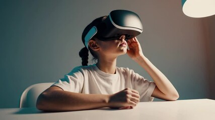 Aufkleber - Schoolgirl wearing virtual reality headset sits at desk in classroom, exploring immersive digital world, touching her headset with hand, light coming from lamp