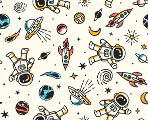 Wall Mural - Hand-drawn space theme vector seamless pattern with UFOs, rockets, planets, stars, comets, and astronauts in a doodle art style