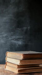 Aufkleber - Four aged books with worn covers are neatly stacked on a rustic wooden desk, set against a dark, textured chalkboard, creating a nostalgic academic atmosphere