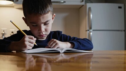 Poster - Young elementary school student concentrating while writing and drawing in notebook, seated at wooden table in home kitchen, displaying focused academic engagement