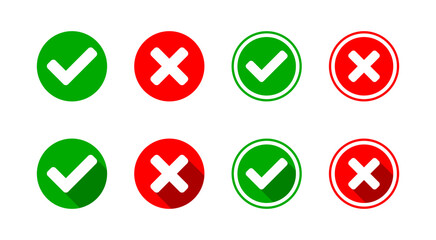 Poster - Yes and No or Right and Wrong or Approved and Declined Round Flat and with 3D Style Shadow Effect Icon Set with Green Check Mark and Red X Cross Sign. Vector Image.
