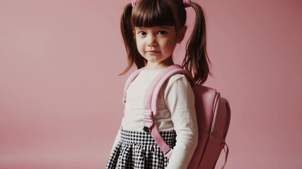 Poster - Elementary school student wearing a white shirt and a black and white checkered skirt poses for school pictures with her pink backpack on a pink background