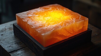 Leinwandbilder - Illuminated, orange-toned salt block in a dark wooden tray.