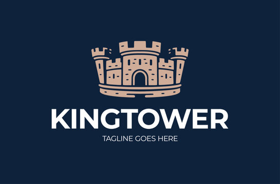 castle tower crown logo. king castle logo with crown and shield vector illustration logotype