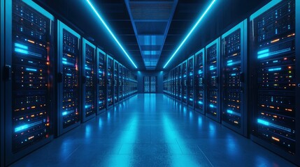 Poster - High-tech data center with glowing blue lights and colorful server indicators, ideal for representing cloud infrastructure, cybersecurity, and digital technology systems