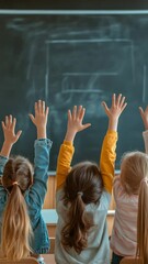 Poster - Group of elementary school students raising hands to answer teacher's question in classroom, demonstrating active participation and eagerness to learn during lesson