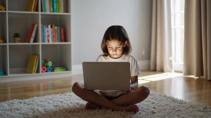 Poster - Elementary school student sits cross legged on a comfortable rug in her room, illuminated by the glow of her laptop screen as she engages in online learning