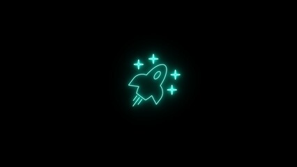Poster - Neon rocket icon illustrating startup launch technology and progress against a black background for digital creative designs