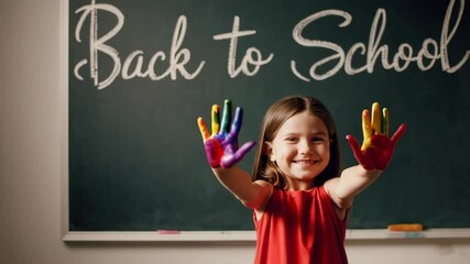 Poster - Cheerful schoolgirl wearing vibrant red dress standing near chalkboard, displaying colorful painted hands with rainbow like joy and creativity