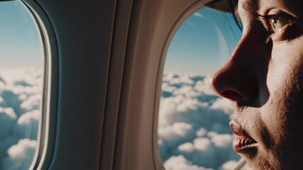 Poster - Soft sunlight streaming across young woman's face while gazing pensively through airplane window, revealing expansive cloudscape stretching beyond horizon during tranquil aerial journey