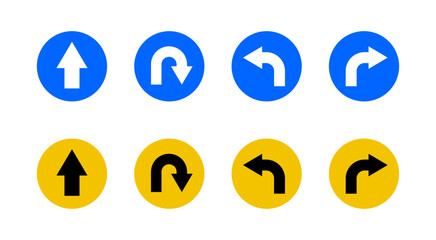 Poster - Go Straight This Way One Way Only U Turn Left and Right Blue White Yellow and Black Arrow Round Circle Traffic Sign Direction Icon Set. Vector Image.