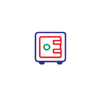 A simple graphic of a safe with blue and red outline design