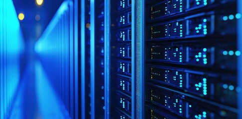 Aufkleber - Close-up of modern data servers in blue-lit server room with glowing LED indicators, perfect for technology, cloud computing, data infrastructure, or cybersecurity themes