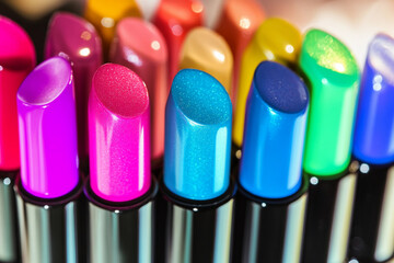 Poster - Vibrant close-up of colorful lipsticks in bright display Generative AI
