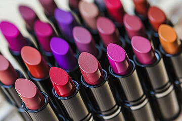 Poster - Close up of vibrant lipsticks in various shades and colors Generative AI