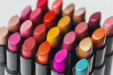 Poster - Vibrant close-up of assorted lipstick colors on display Generative AI